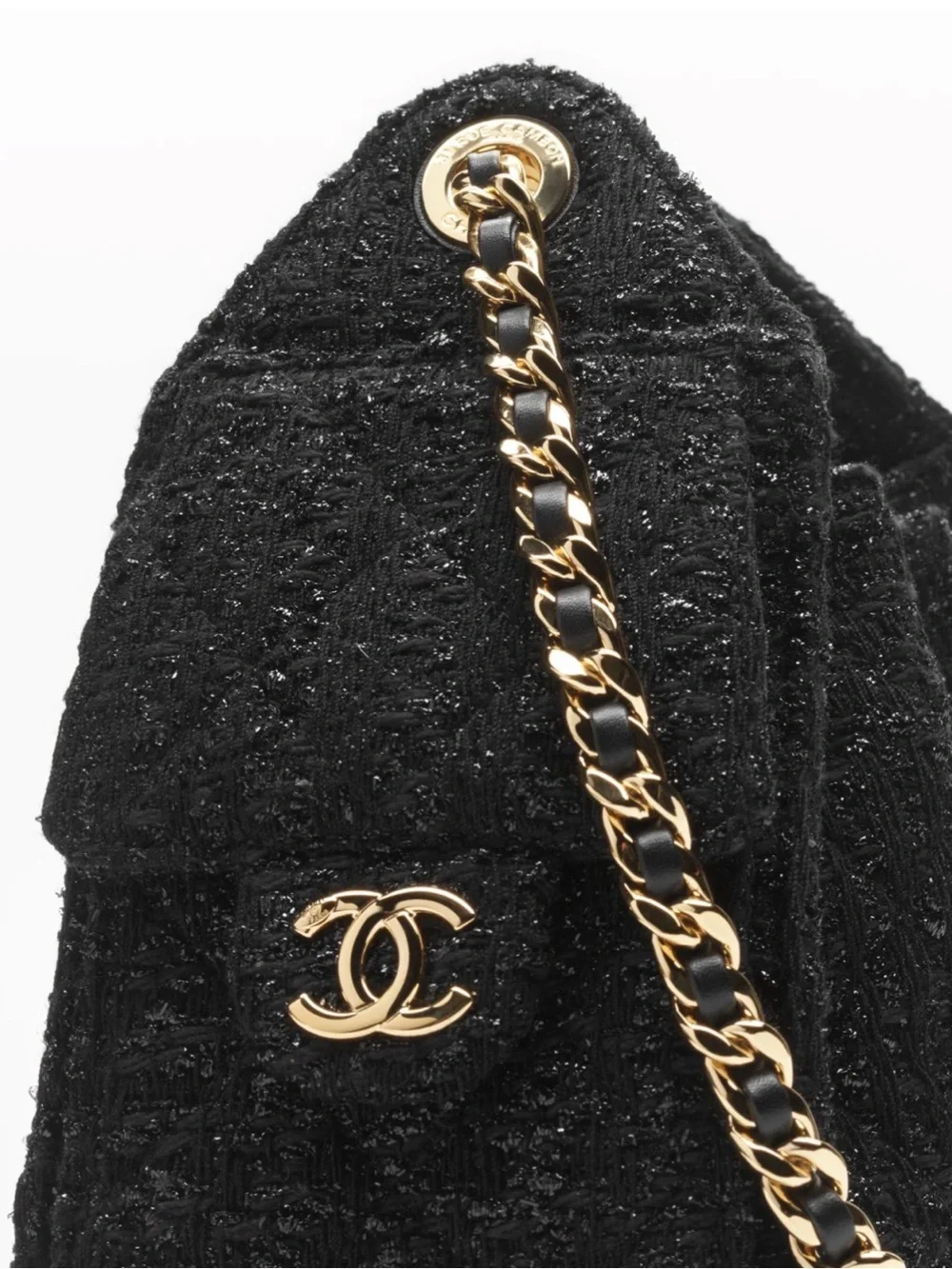 CHANEL 26 Black Tweed Drawstring Shoulder Bag with Gold Chain and CC Charm